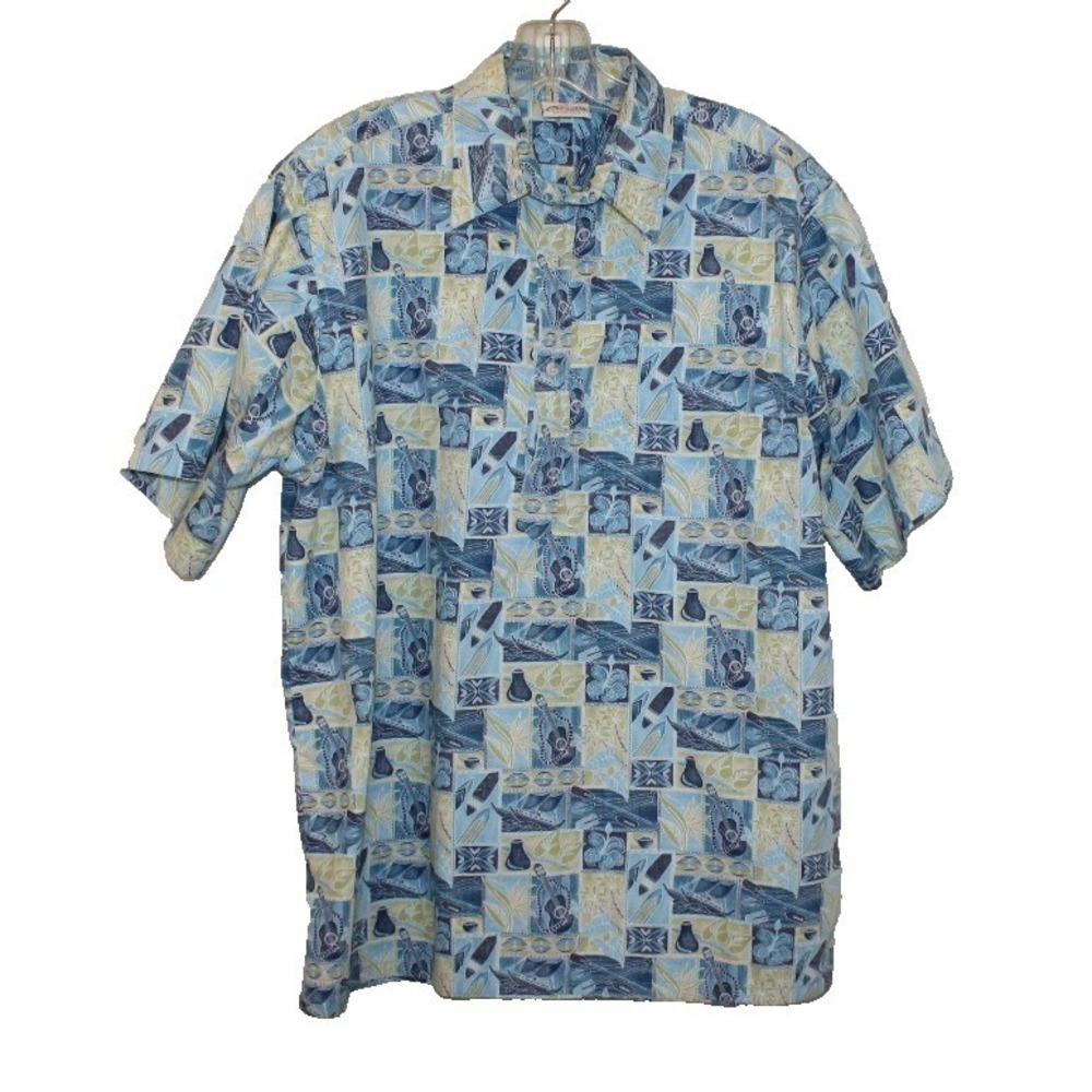 men's Large-Tall Go Barefoot Hawaiian shirt cotton 1/4 button up blues & yellow